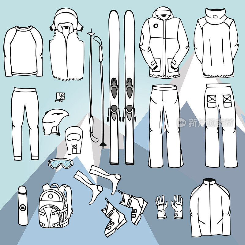 滑雪设备在矢量，滑雪工具包信息图集，滑雪矢量doo