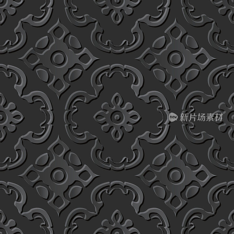 无缝3D优雅的黑纸艺术图案010曲线万花筒