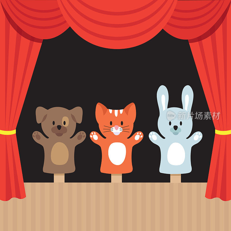 儿童木偶戏现场有可爱的动物和红色的幕布。卡通矢量图