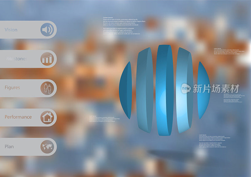 三维插图信息图模板与球的主题垂直分为5个蓝色部分与简单的标志和样本文本在一边的酒吧。模糊的照片用作背景。