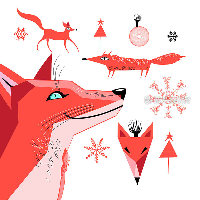 一组红色狐狸的图形