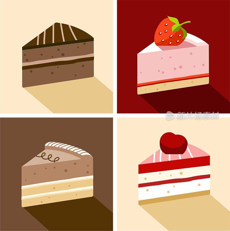 蛋糕、甜点、巧克力、草莓、樱桃、块、色、平。