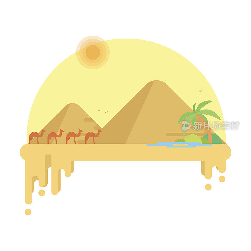 在吉萨金字塔的背景下，骆驼队前往绿洲。平面向量插图