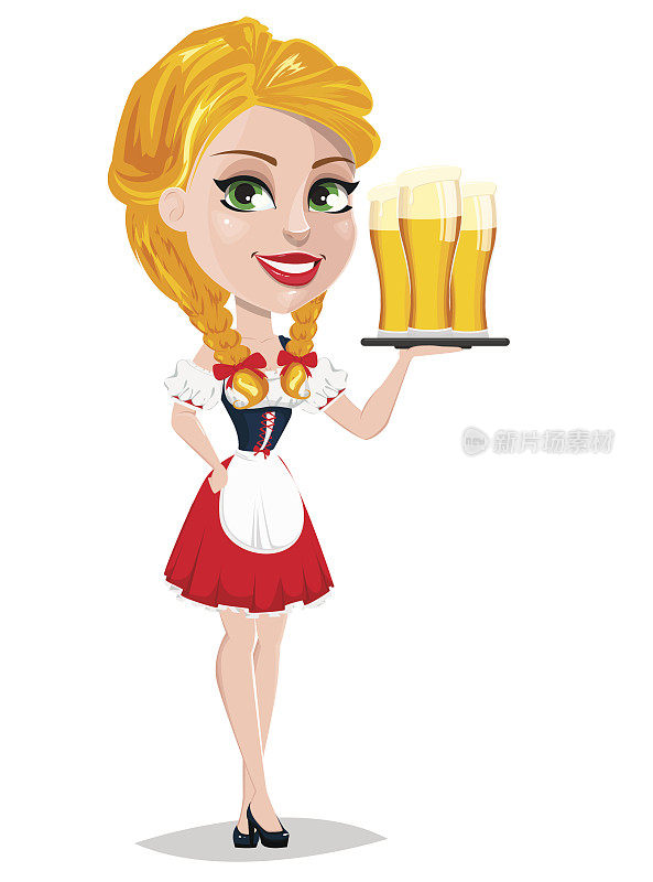 慕尼黑啤酒节矢量插图与性感红发女孩持有托盘与三杯啤酒。卡通人物半转身站着。红色的制服。