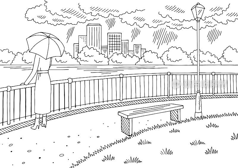 城市河流图形黑白雨景观素描插图向量。拿着伞的女人