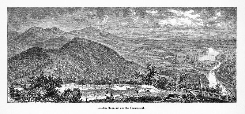 美国弗吉尼亚州马里兰州西弗吉尼亚州的劳登山和哈珀渡船的谢南多厄河，美国维多利亚版画，1872年
