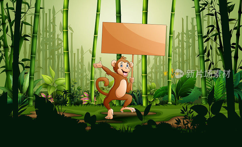 卡通中一只猴子举着木牌在竹林景观中