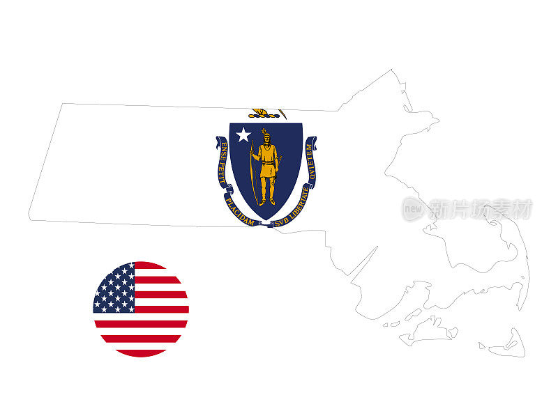 马萨诸塞州地图和美国国旗