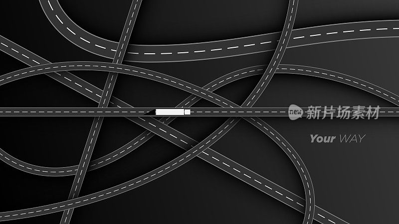 俯视图的道路和高速公路路口，十字路口和天桥在矢量图。