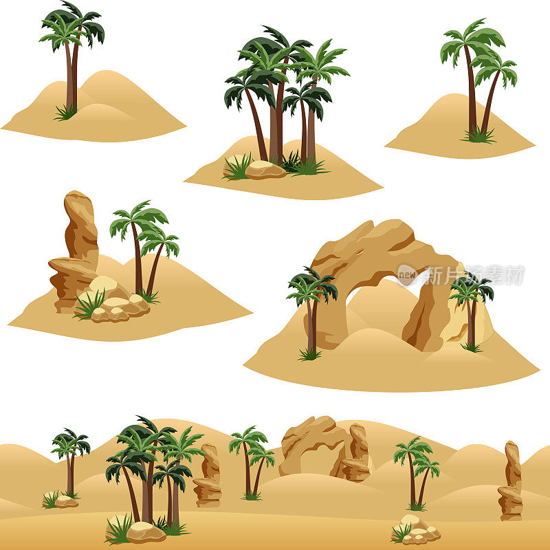 设计沙漠景观场景或背景的一组元素。