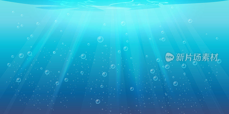 矢量水下背景，透明的水纹理与气泡，波纹和阳光下降。海或海水光，海底和阳光的光束，水面，游泳池或池塘深度