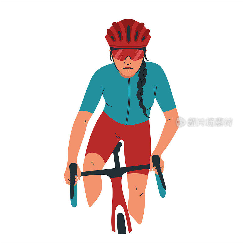 比赛中的女子自行车手。女孩穿着自行车制服和头盔在道路上，砂砾自行车。自行车，马拉松，速度比赛，有氧运动训练。矢量插图孤立在白色上