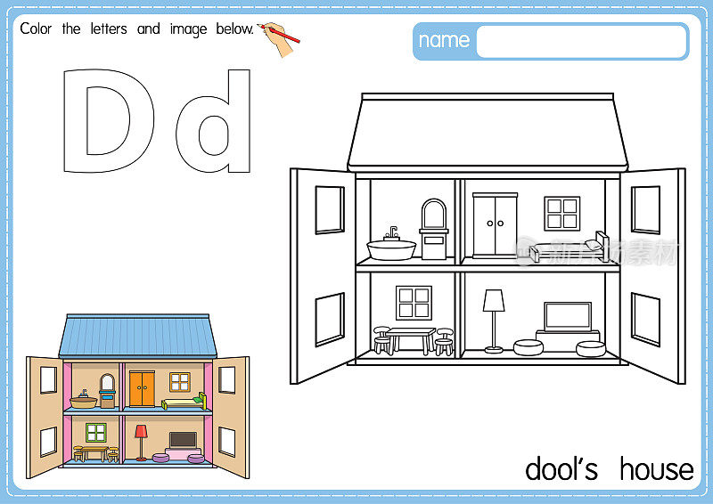 矢量插图的儿童字母着色书页与概述剪贴画，以颜色。字母D代表杜尔的房子。