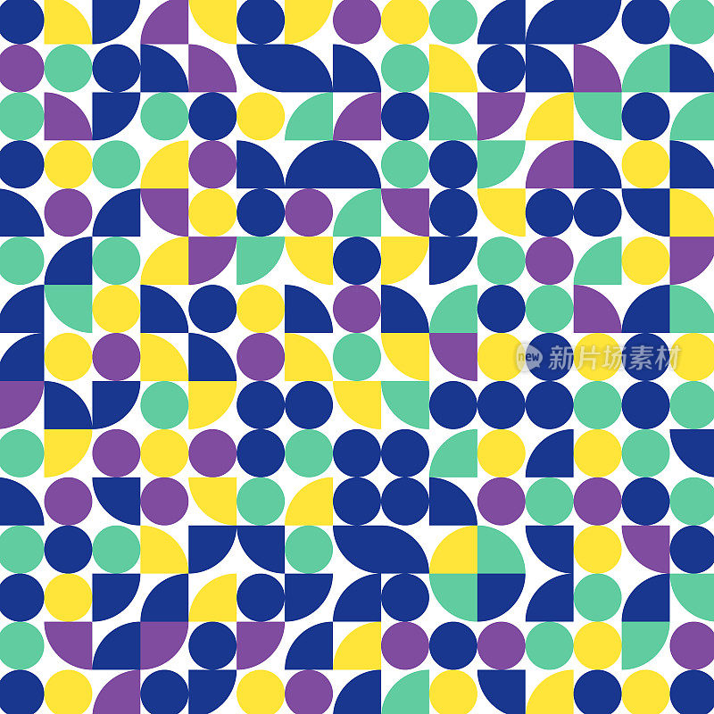 紫色，蓝色，绿色，黄色圆形和四分之一圆形网格图案
