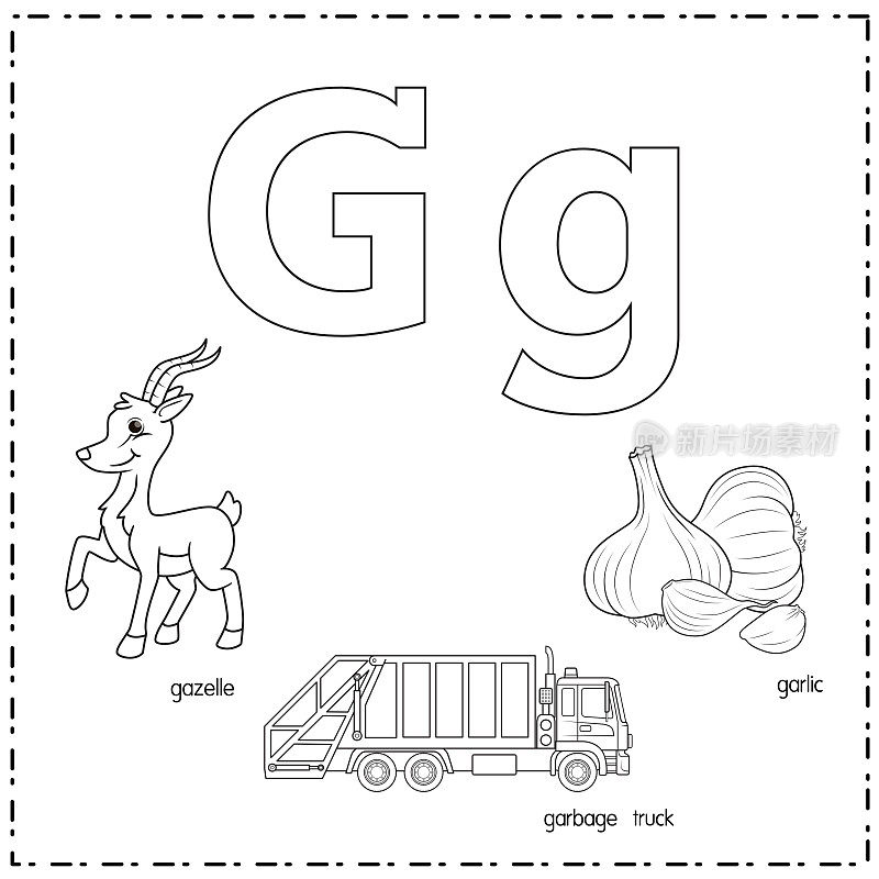 向量插图学习字母G的小写和大写的儿童与3卡通图像。瞪羚垃圾车大蒜。