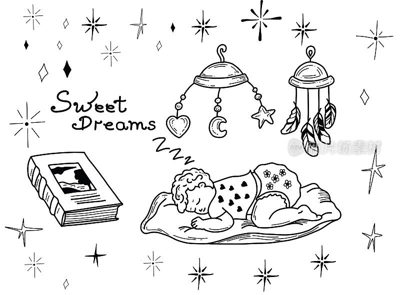 一套可爱的手绘矢量插图的主题上睡觉到床