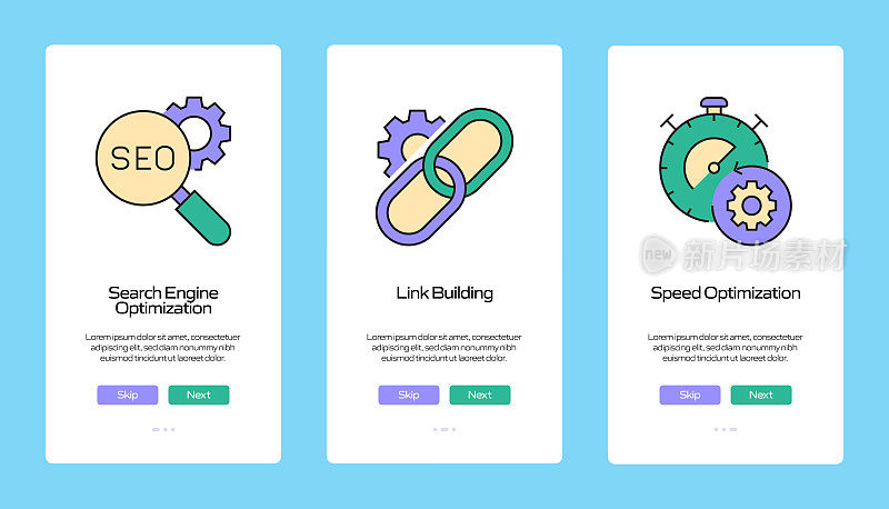 搜索引擎优化概念Onboarding移动应用程序页面屏幕与平面图标。用户体验，UI设计模板矢量插图