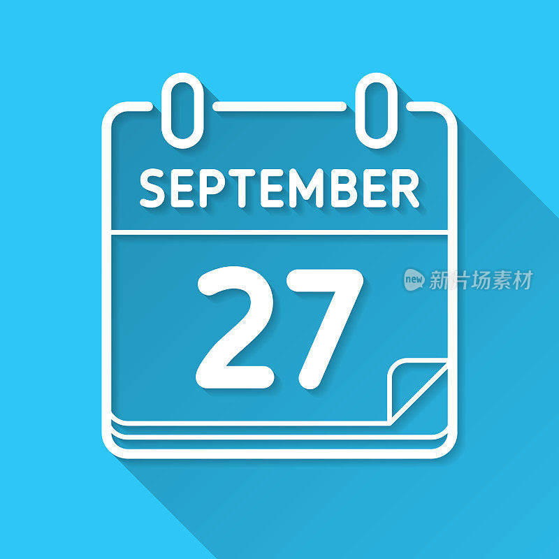 9月27日。图标在蓝色背景-平面设计与长阴影