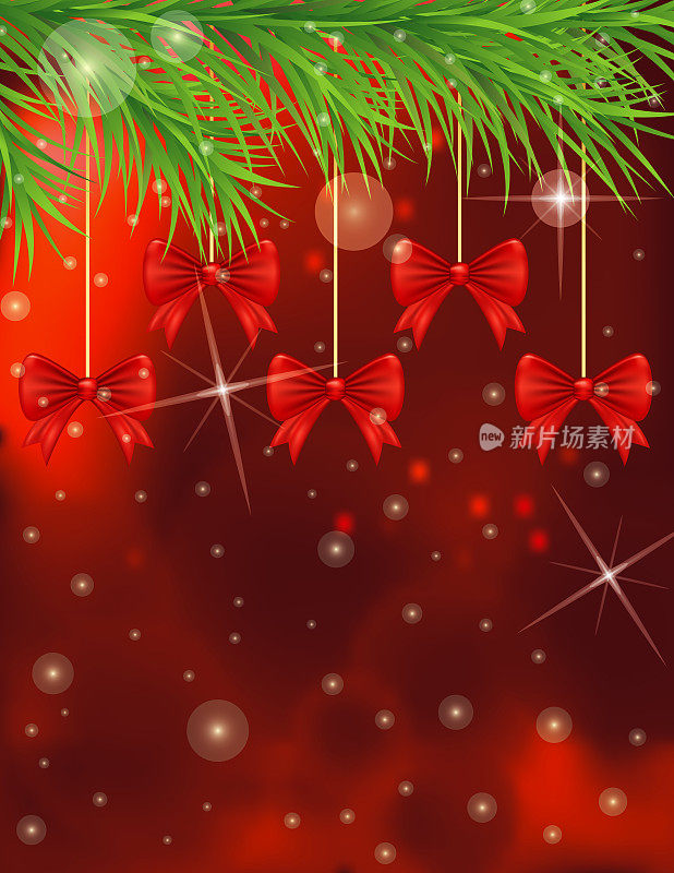 圣诞背景与弓饰品挂在常青树的树枝