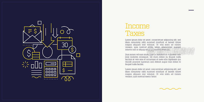 向量集说明所得税的概念。线条艺术风格的网页，横幅，海报，印刷等背景设计。矢量插图。
