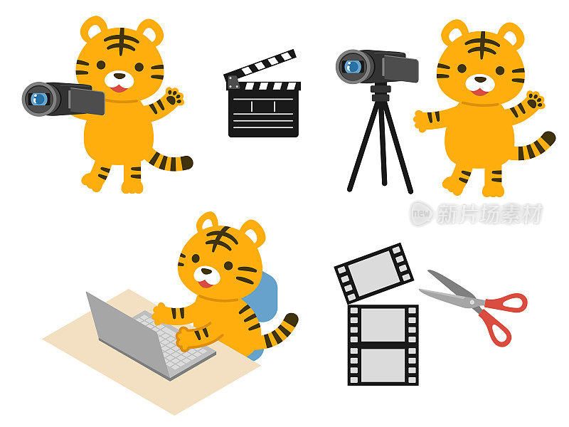 拍摄和编辑视频的老虎角色的插图