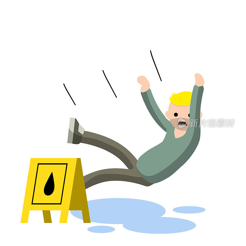 男子在湿地板上滑倒了。危险和风险。在水坑里滑行。错误和下降。平的卡通插图