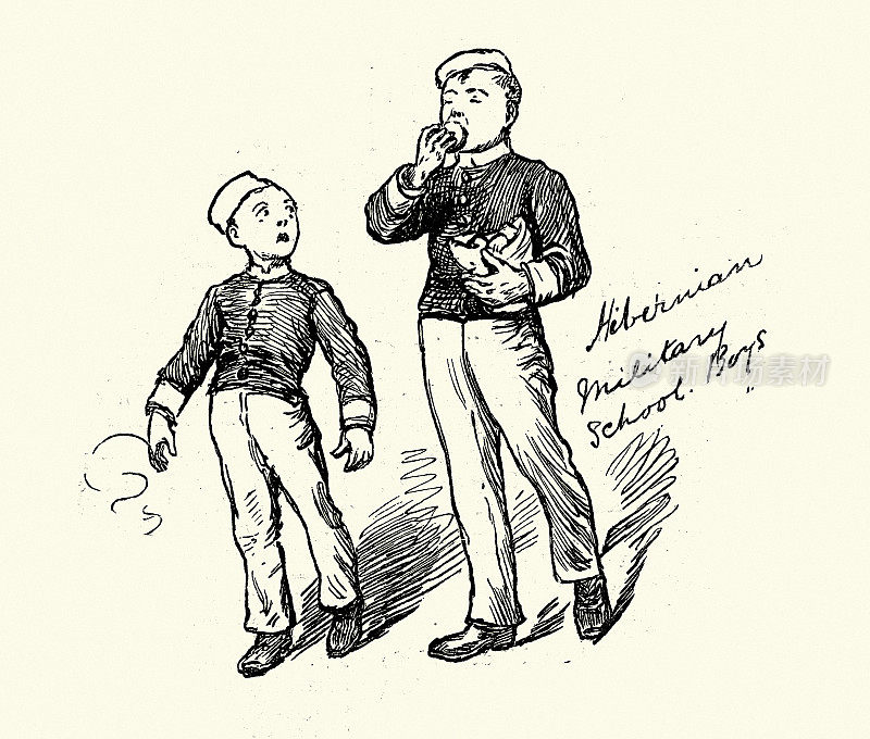 爱尔兰军队学校的男孩,爱尔兰都柏林的爱尔兰人物速写,1881年,维多利亚19世纪