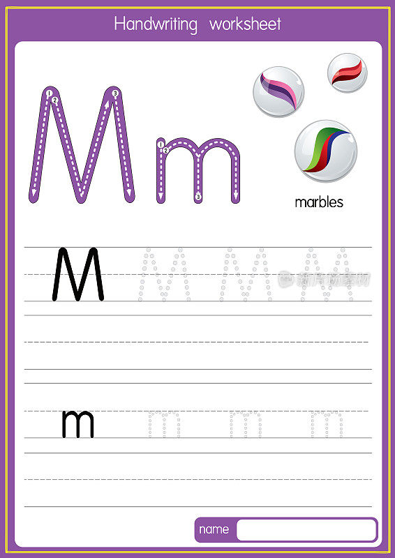 向量插图弹珠与字母M大写字母或大写字母为儿童学习练习ABC