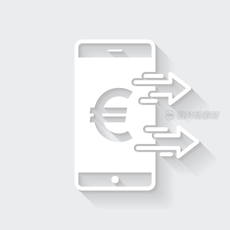 用智能手机发送欧元。图标与空白背景上的长阴影-平面设计