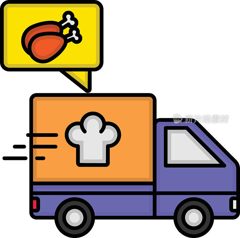 移动餐饮服务概念，企业面包房车轮矢量颜色图标设计，零售食品递送服务符号，无触点餐快递标志，杂货店皮卡库存插图
