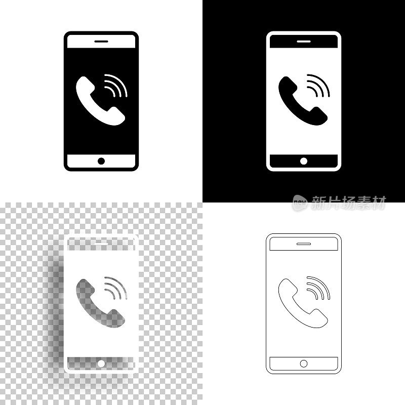带有来电功能的智能手机。图标设计。空白，白色和黑色背景-线图标