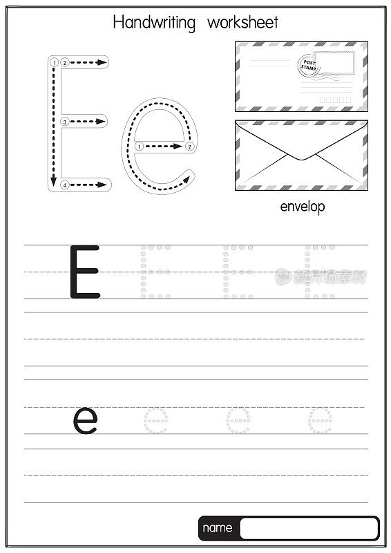 黑白矢量插图的信封与字母E大写字母或大写字母为儿童学习实践ABC