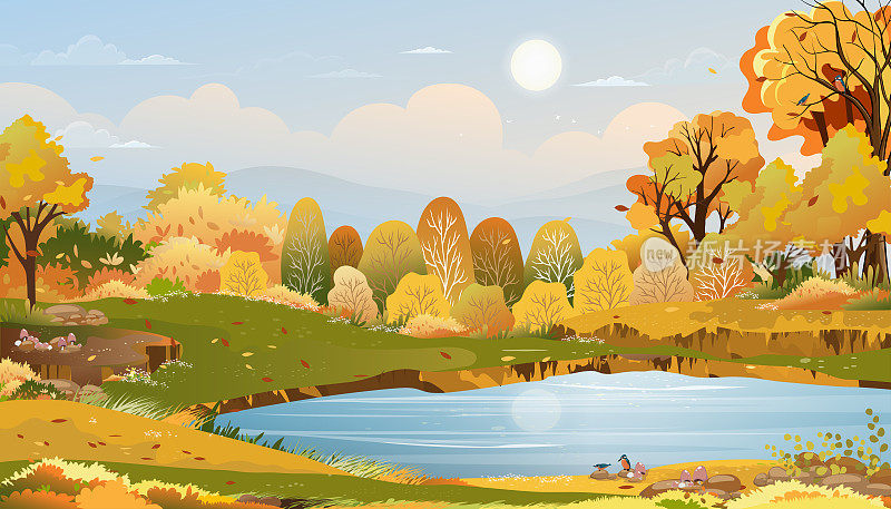 秋天的乡村景观在傍晚的光线与日落，蓝色和粉红色的天空背景，矢量动画秋天在乡村的树木和草地日出，秋天的背景旗帜
