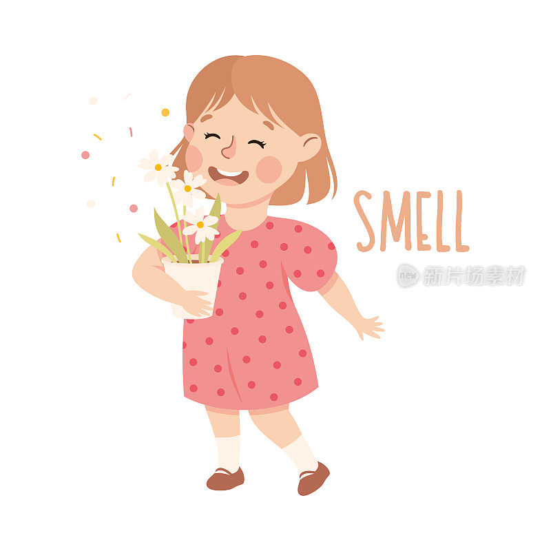 小女孩显示感官嗅花在花盆向量插图