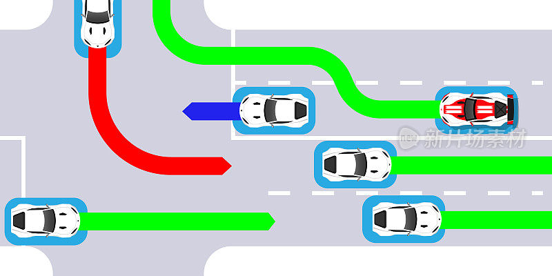 自动驾驶智能汽车在交通中上路。扫描道路，观察距离
