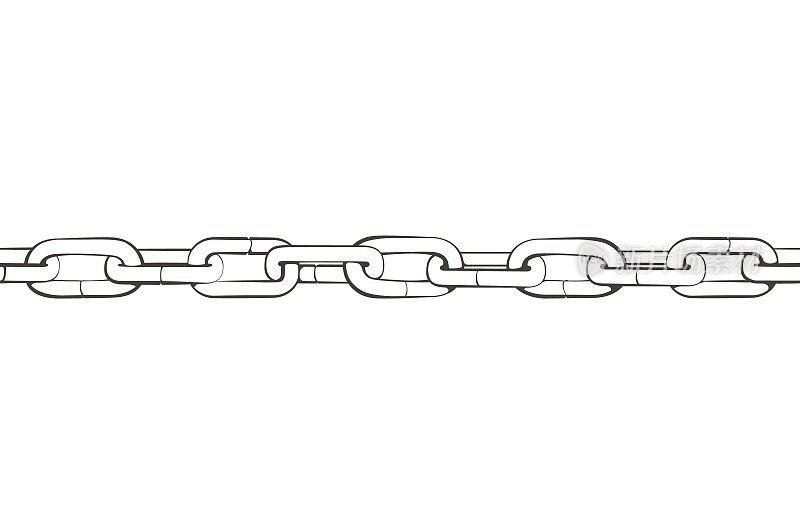 向量块链。链包括网络连接、商业领导、团队合作、伙伴关系、友谊、团队合作、监狱、依赖、概念。无缝复古线条图案插图。