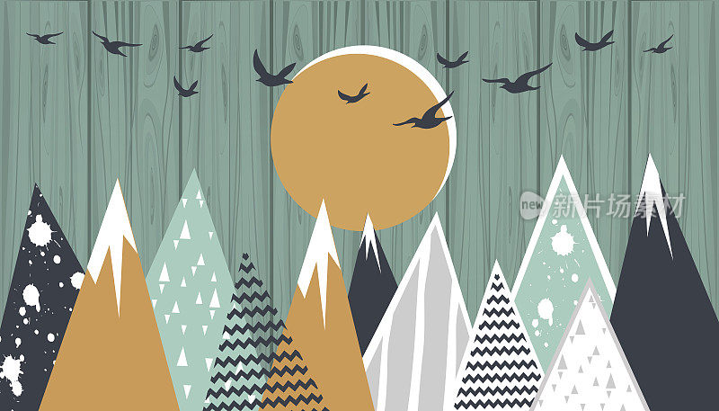 圣诞节假期和新年假期的概念。圣诞鹿与鸟的剪影在抽象的木制背景。