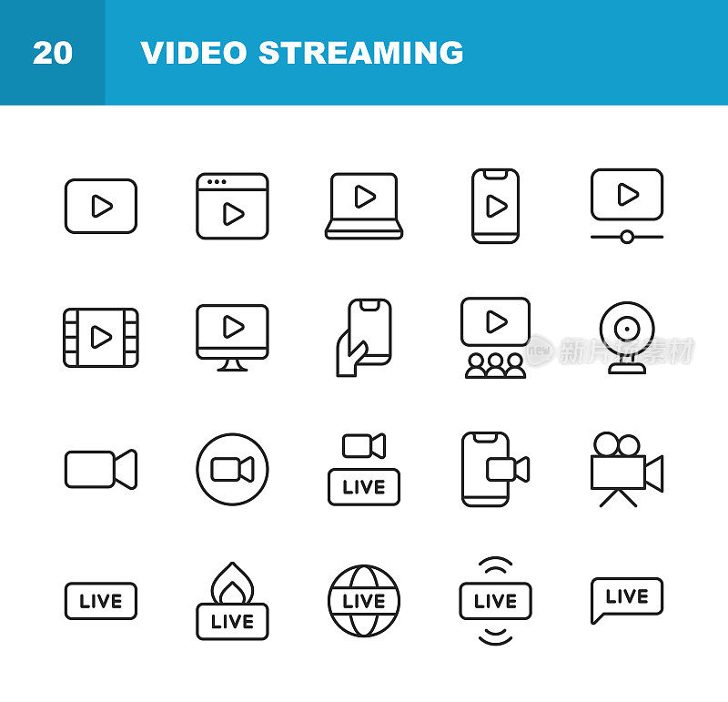 视频流媒体线图标。可编辑的中风。包含这样的图标，直播，网络流媒体，视频流媒体，广播，播客，电视，体育，设备屏幕，电影和电影，社交媒体，影响者，设备屏幕。