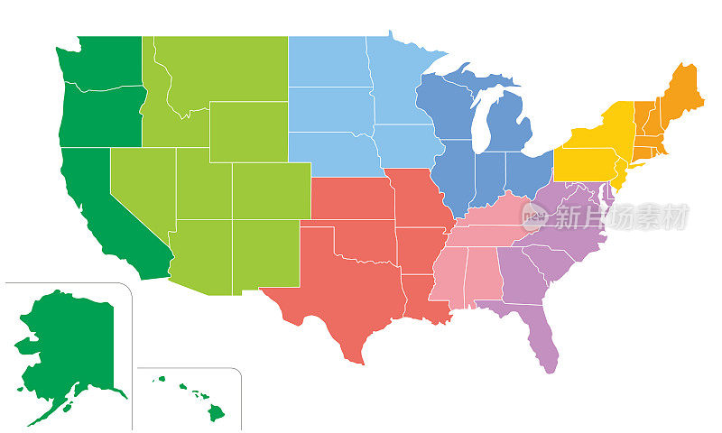 美国地图，50个州，9个地区用颜色标出