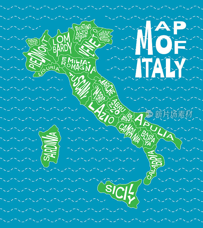 带有行政区名称的意大利政治地图——伦巴第、马尔切、莫利塞、皮埃蒙特、撒丁岛、西西里岛、托斯卡纳。意大利地图信息图