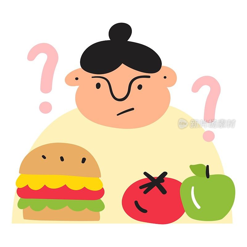 胖女人选择吃什么。健康或不健康的食物。