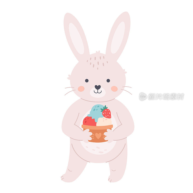 可爱的小白兔和冰淇淋。你好夏天，暑假，夏天的时间。手绘矢量插图