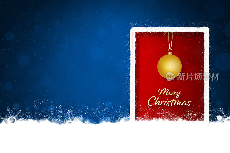 创意深色午夜宝蓝色的圣诞背景，一个大边框边框白色轮廓，3D金色圣诞快乐小饰物和红色背景文字，雪花和雪遍布地面，边界或框架像门或门