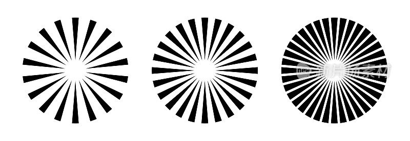 径向圆线。圆形辐射线几何元素。太阳星射线的象征。抽象的几何形状。设计元素。矢量插图孤立在白色背景上