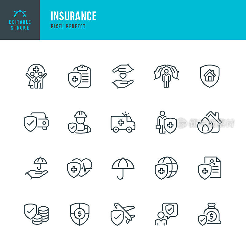 保险-线性图标向量集。像素完美。可编辑的中风。这套包括保险代理，雨伞，人寿保险，家庭保险，汽车保险，旅行保险，救护车，医疗保险，财务保险。