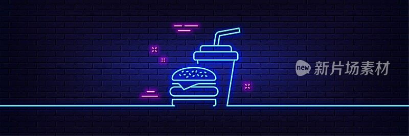 汉堡和饮料图标。快餐餐厅。霓虹灯辉光效果。向量