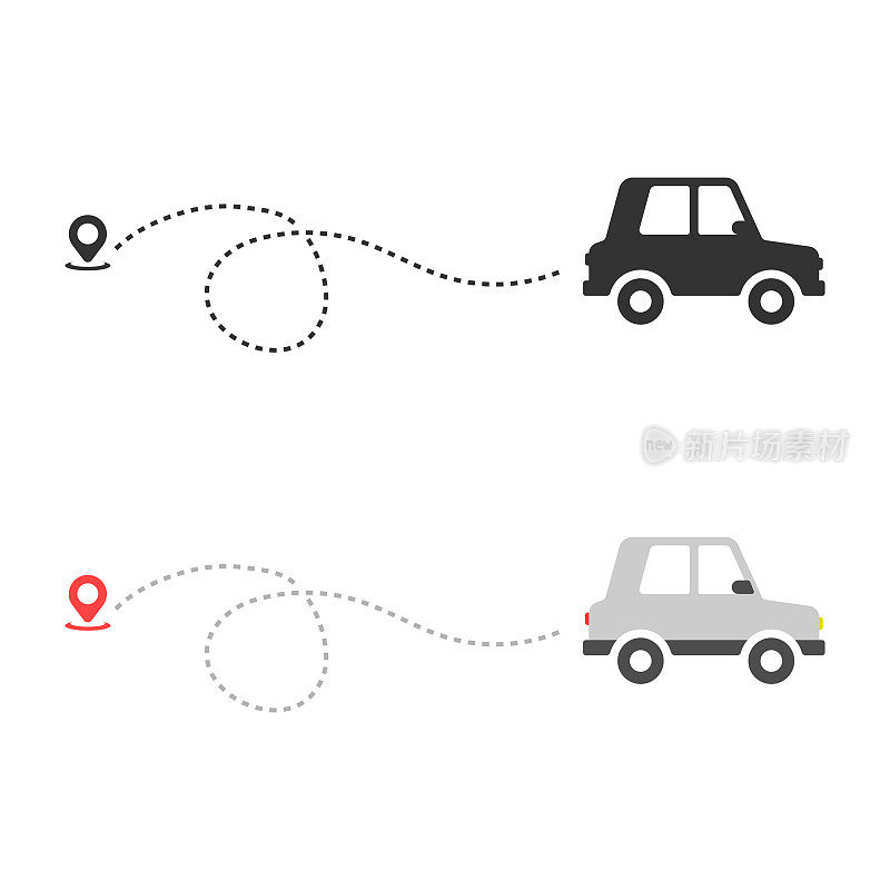 汽车路线图标设置。白色背景下的汽车路径和地图引脚矢量设计。