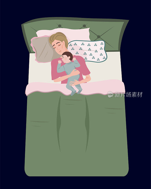 母亲和婴儿正在床上睡觉。母亲。和宝宝一起睡觉。平面卡通风格的矢量插图。