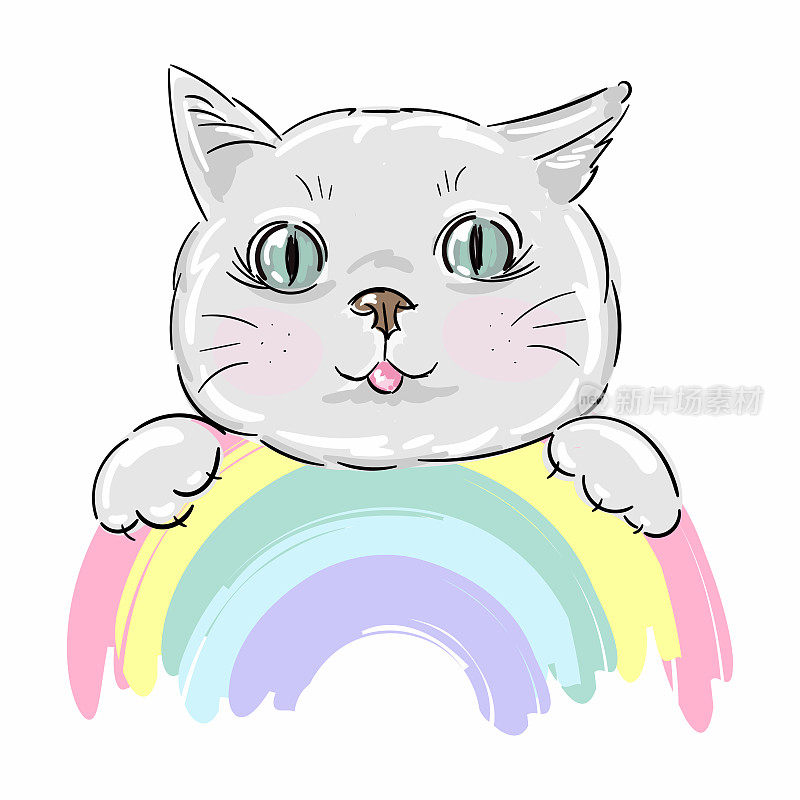 可爱的卡通猫男孩或女孩彩虹和印刷图形t恤。