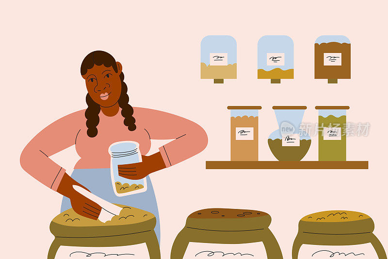 黑人妇女在零废物杂货店填充散装食品储藏室的物品罐